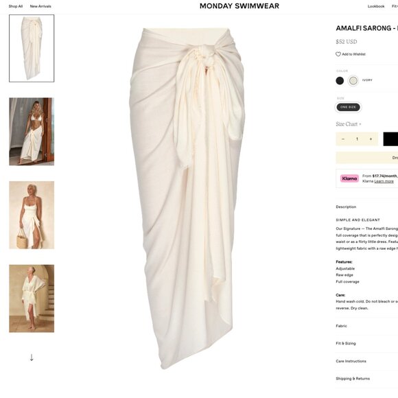 MONDAY SWIM WEAR - AMALFI SARONG - IVORY - OS - NEW WITH TAGS! - Picture 1 of 4